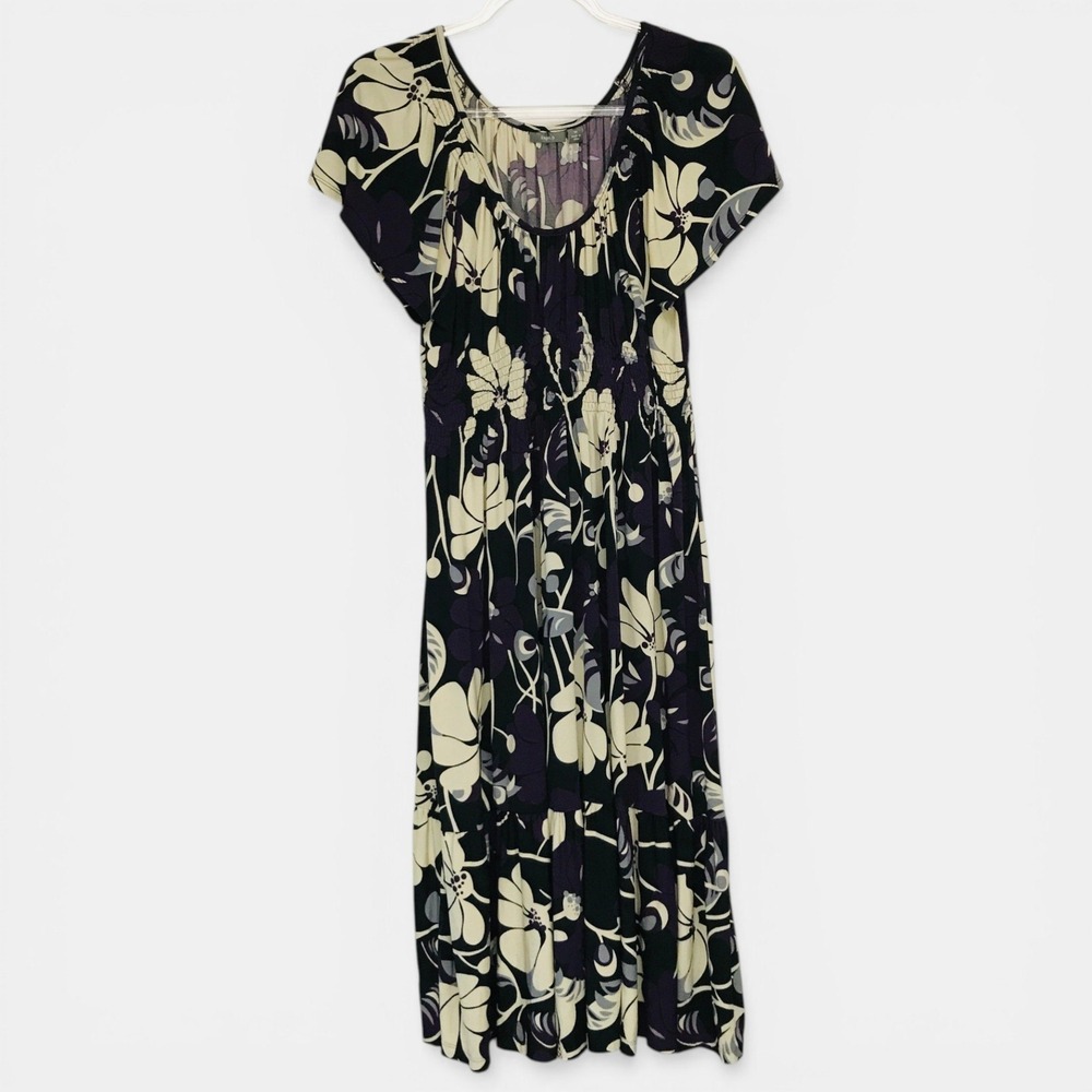 Apt 9 Womens Size M Purple Cream Floral Smocked‎ Waist Midi Dress Flutter Sleeve